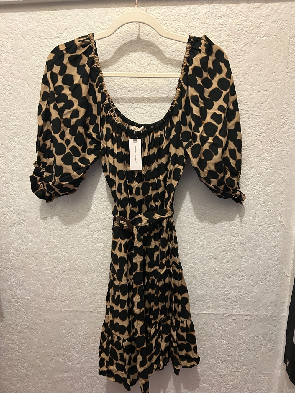 BEACHGOLD Leopard-Print Puff Sleeve Mini Dress in Tan & Black